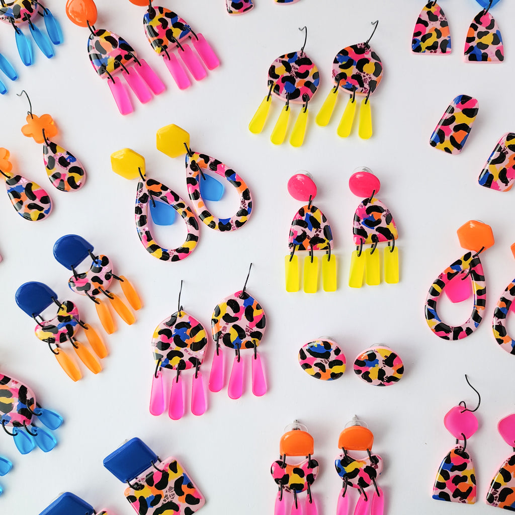 Colourful handmade earrings - bold leopard print, bright fun design